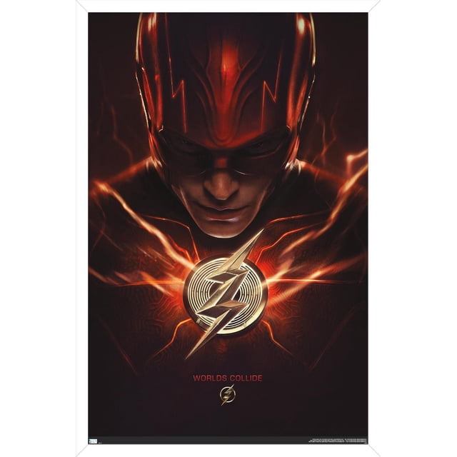 DC Comics Movie The Flash - The Flash One Sheet Wall Poster, 22.375" x 34" featuring a centered view of The Flash's metallic lightning bolt emblem glowing with red and orange electric streaks on a dark background, with the text 'Worlds Collide' below, printed on glossy poster paper suitable for home or office wall décor.