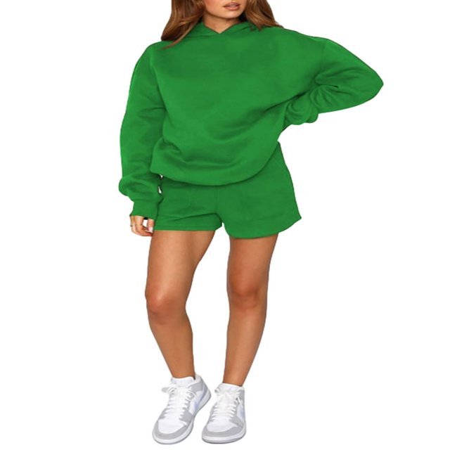 Casual Solid Color Hooded Sweatshirt and Loose Shorts Set for Women