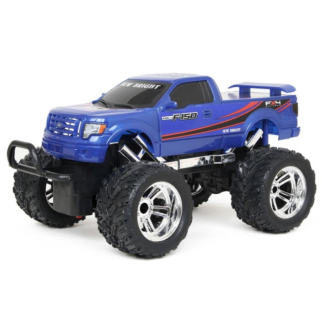 New Bright Remote Control 1:16 F-150 Blue radio-controlled toy truck with large black off-road tires and chrome rims, blue FX4 body with F-150 decals, black front bumper guard, and tinted windows, ready to run with full-function remote control suitable for outdoor play.