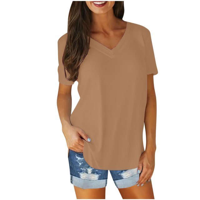 Blouses for Women Solid Color V-Neck Short Sleeve T-Shirt Blouse Tops