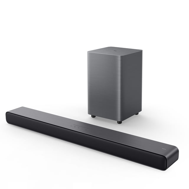 TCL S55H S Class 2.1 Channel Sound Bar with Dolby Atmos, DTS Virtual:X, and Bluetooth music streaming, featuring a slim matte dark gray sound bar with touch controls and a wireless subwoofer with a 5.5-inch driver, suitable for immersive home theatre audio and wireless music playback.