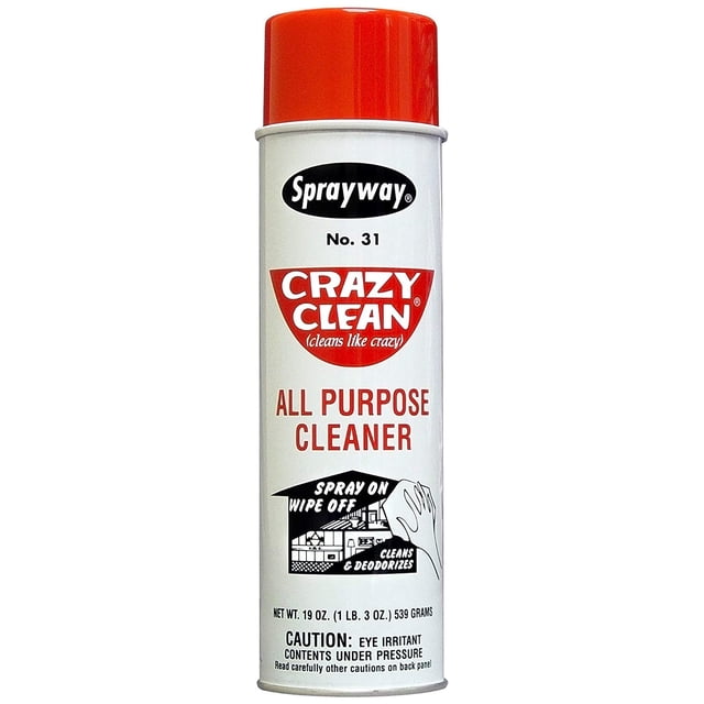 Sprayway Crazy Clean All Purpose Cleaner, a 19-ounce cleaning spray in an aerosol can with a red cap and bold branding. Ideal for multi-surface cleaning, it features clinging foam that cleans and deodorizes. Suitable for auto detailing, glass handling, industrial maintenance, and household cleaning tasks. Effectively removes handprints, grease spots, crayon marks, and smoke film, leaving hard surfaces sparkling.