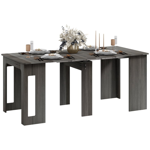 HOMCOM Table Pliable, Table à Manger Extensible Pouvant Accueillir jusqu'à 6 Personnes, Présentée dans une Finition Grise avec un design Rectangulaire. la Table Est Allongée jusqu'à Sa Pleine Longueur de 70,9 Pouces, Pouvant Accueillir six Places avec de la Vaisselle Décorative et un Centre de Table floral. Fabriquée en Panneau de Particules avec des rails en Acier pour une extension Fluide, Elle Peut Aussi Se Replier jusqu'à 23,6 Pouces pour un Rangement compact. Idéale pour les Petits Espaces et les Besoins de Repas Polyvalents.