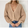 thumbnail image 1 of Cardigan Basique à Manches Lanternes en Tricot Boutonné Col en V pour Femmes, 1 of 2