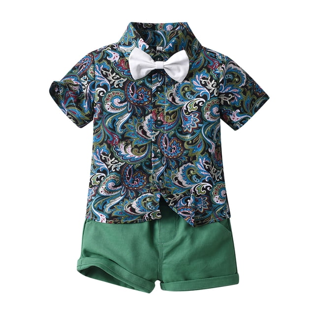 Birdeem Ensemble d'Été pour Enfants Garçons Chemise à Manches Courtes à Col à Revers et Short avec Cravate
