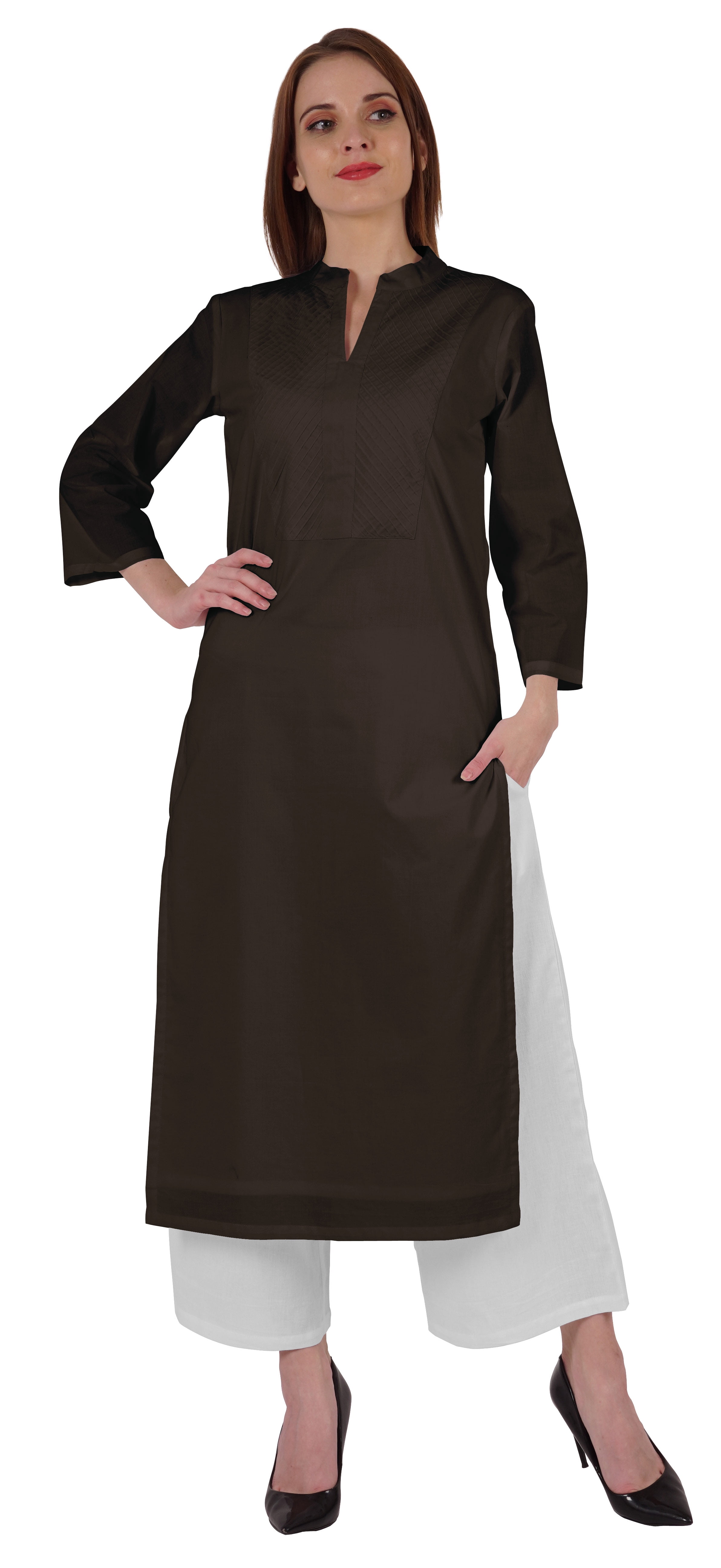 Bimba Kurta en Coton Col Mandarin avec Plis pour Femmes Ethnique Indienne Droite Unie