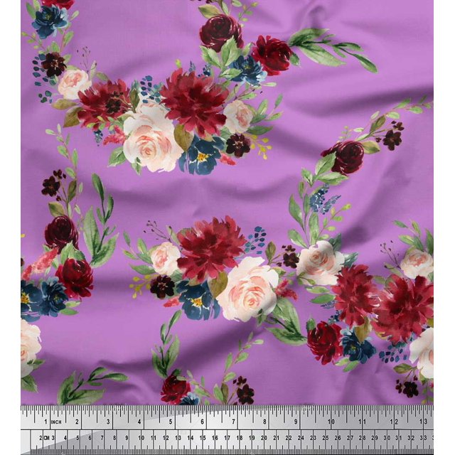 Soimoi Purple polyester Crepe Fabric Ranunculus & Penoy Floral Print Print Fabric by the Yard 52 Inch Wide