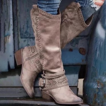 Babysbule Boots for Women Clearance Women Fashion Cowboy Riding Casual Warm Middle Heels Middle Tube Shoes