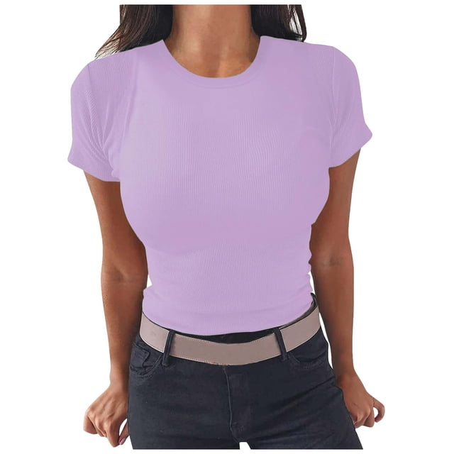 AherBiu Hauts Côtelés pour Femmes Été Col Ras du Cou Tricoté Manches Courtes Extensible Coupe Ajustée Hauts de Sortie T-Shirts Chemises