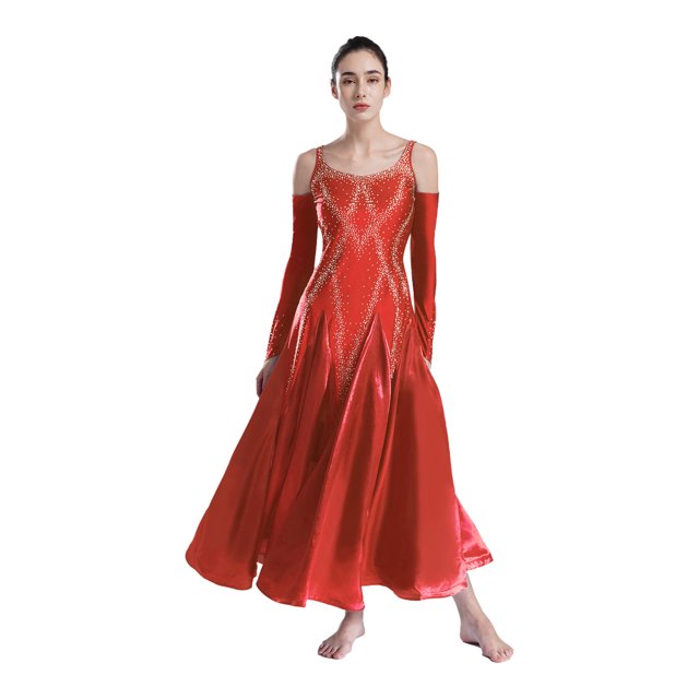 RUNQHUI Robe de Danse de Salon pour Femmes avec Strass, Pratique Professionnelle Moderne de Valse Tango, Rouge S