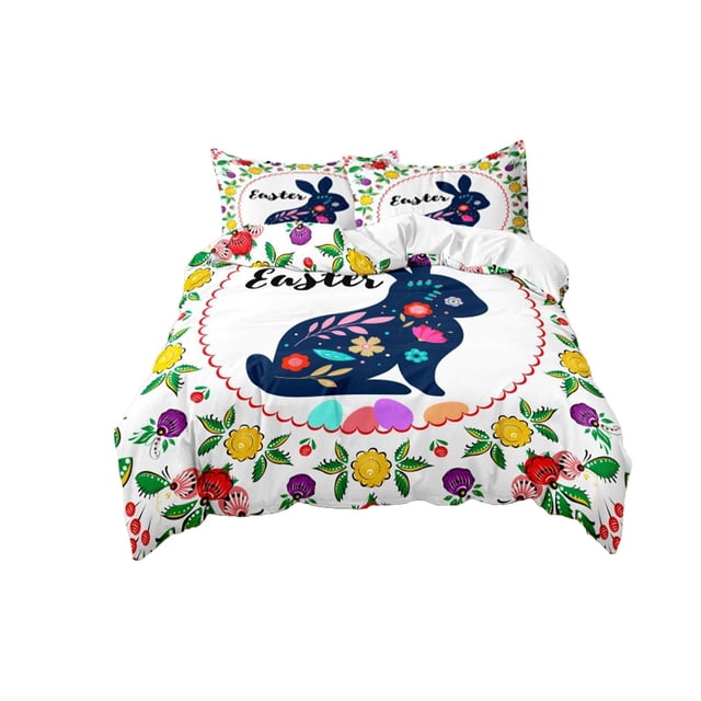 Duvet Cover Set Easter Cartoon Rabbits and Eggs Microfiber Zipper 3 PC Bedding Set 2 Pillowcases + 1 Duvet Cover Holiday Home Decor