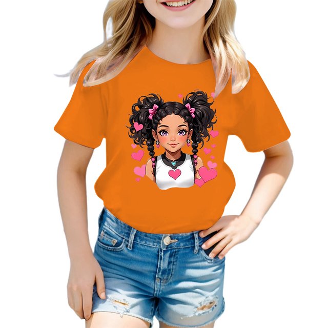 MEZZALL T-Shirt Graphique Mignon pour Fille, Col Rond, Manches Courtes, Tee d'Été Décontracté, T-Shirts Hauts, Orange, 11-12 Ans