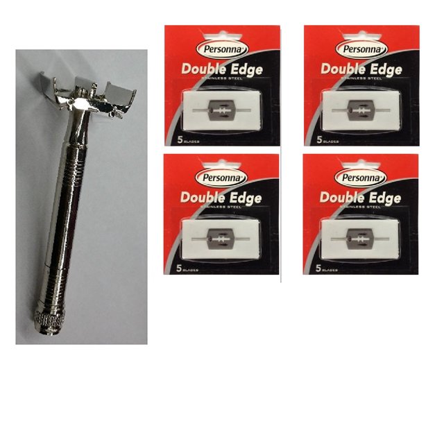 Double Edge Safety Razor + Personna Double Edge Stainless Steel Refill Blades, 5 ct. (Pack of 4)