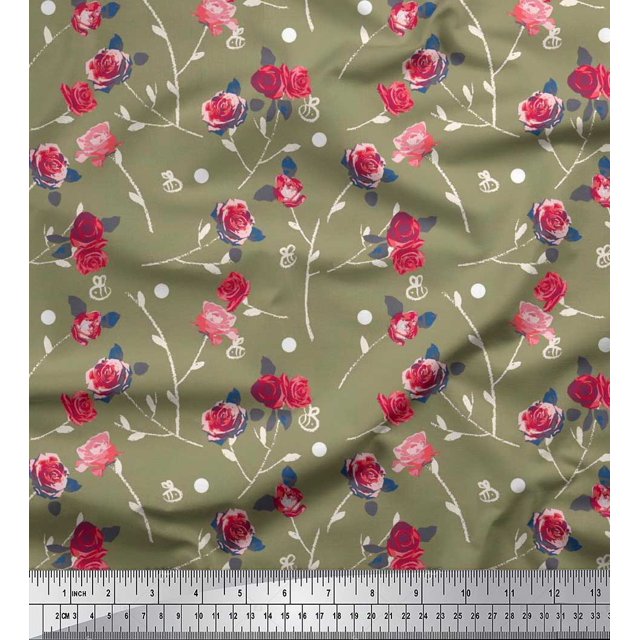 Soimoi Poly Georgette Fabric Leaves, & Rose Floral Decor Fabric Printed Yard 42 Inch Wide