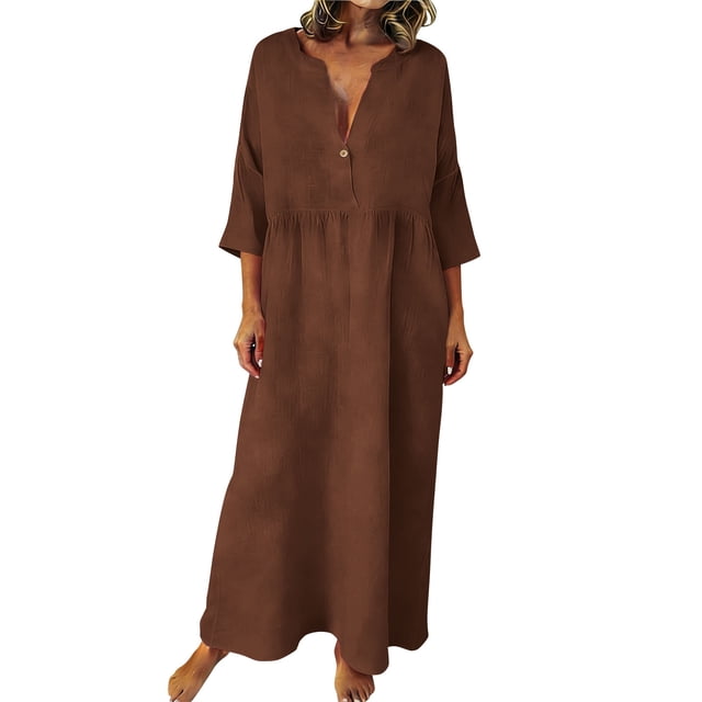 Xugsiok Robe en Lin pour Femmes à Boutons Manches 3/4 Col Ras du Cou Robe d'Été Couleur Unie Robes Amples Vacances Affaires Entraînement Plage Fluide Plissée Tuniques Robes Maxi d'Été