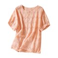 thumbnail image 1 of cfhntfmh Chemises en Lin pour Femmes Coton Mode Manches Courtes T-Shirts Ajourés Décontractés Broderie Col Rond Blouses Hauts, 1 of 3