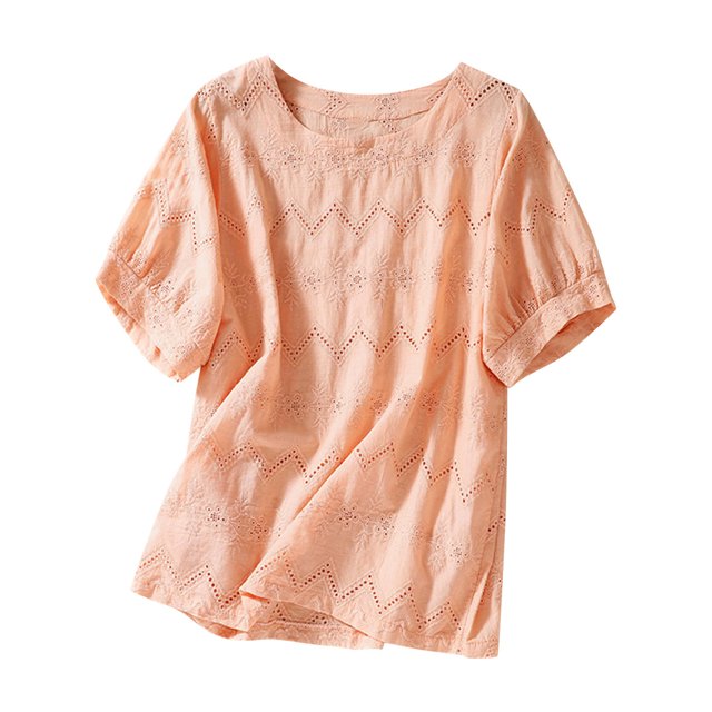 cfhntfmh Chemises en Lin pour Femmes Coton Mode Manches Courtes T-Shirts Ajourés Décontractés Broderie Col Rond Blouses Hauts