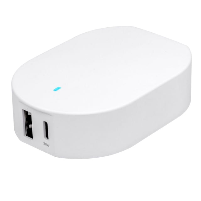 onn. Fast Charge Dual-Port USB-C USB Wall Charger with 20W Power Delivery, compact white rectangular charger with rounded edges, featuring one USB-C port labeled 20W, one standard USB port, and a blue LED indicator, ideal for fast charging multiple USB and USB-C devices simultaneously.