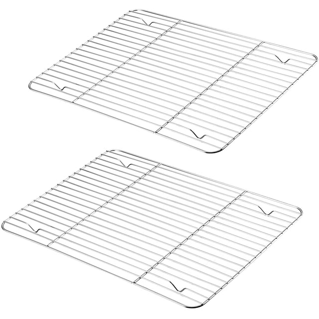 GFDYREE Cooling Rack Pack of 2, stainless steel baking racks measuring 15.3 x 11.25 x 0.6 inches. Designed for baking, roasting, grilling, and drying, these rectangular racks feature a sturdy construction with thick rods to resist warping. The racks allow air circulation for even cooking and fit standard 16 x 12-inch half sheet baking pans. Dishwasher safe and rust-free, suitable for everyday cooking.