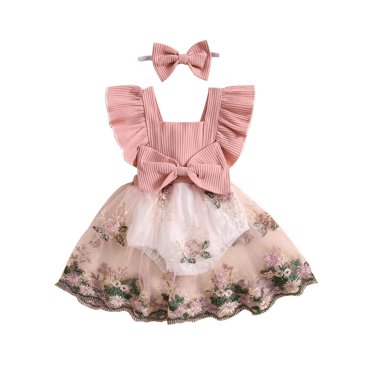 Honganda Ensemble 2 Pcs pour Bébé Fille 0-24M Robe à Manches Volantes + Bandeau Nœud 3D Tenues d'Été pour Nourrisson
