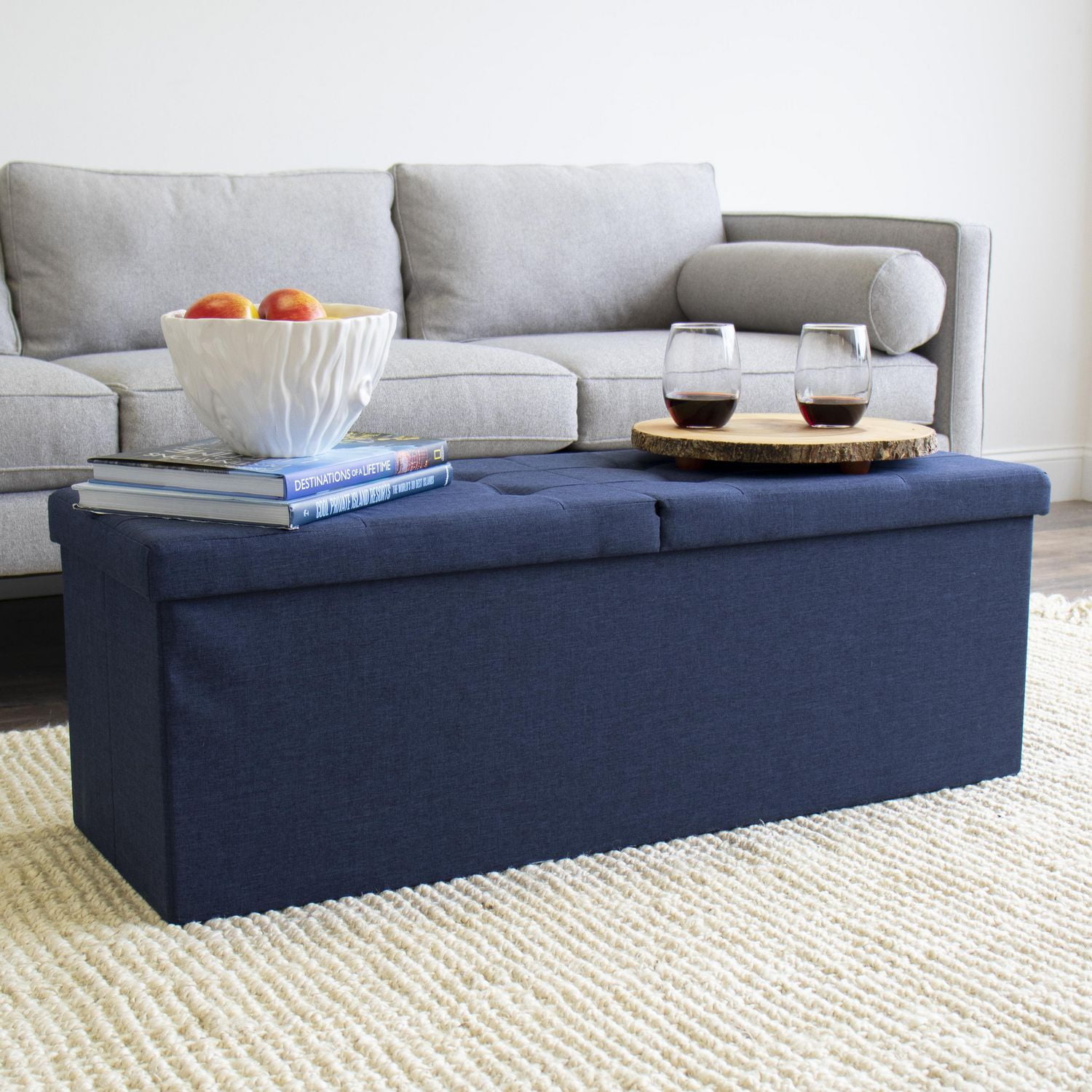 Banc de rangement pliant à couvercle rabattable capitonné Harper, 43 po, bleu