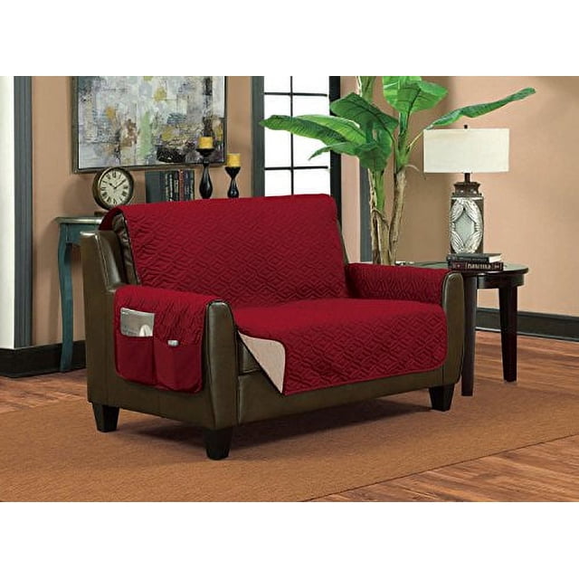 Classic Reversible Quilted Waterproof Furniture Protector Diamond Design (Loveseat, Burgundy/Sand)