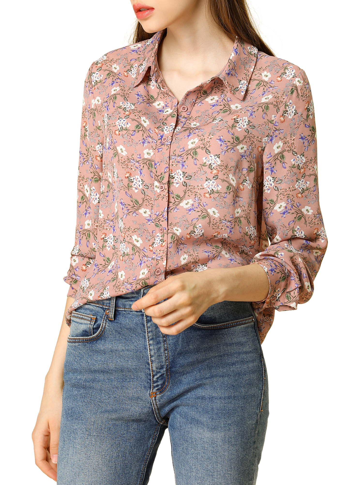 INSPIRE CHIC Women's Button Down Long Sleeve Ditsy Floral Shirt