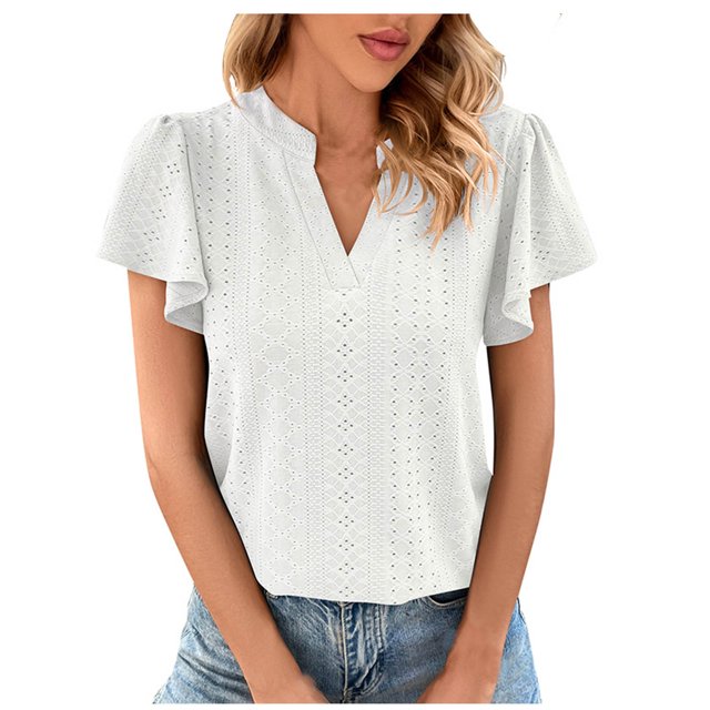 Birdeem Womens Spring and Summer Gold Lace Stitching V-Neck Solid Color Bottom T-Shirt Hollow Top