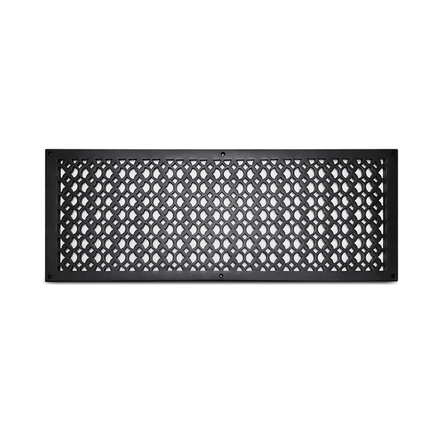 Air Return Grill 10″x30″ with holes & screws, faceplate Size 12" x 32-1/2" . Decorative cast aluminum HVAC vent cover, powder-coated, repaintable, Tudor Mushroom design (VR100).