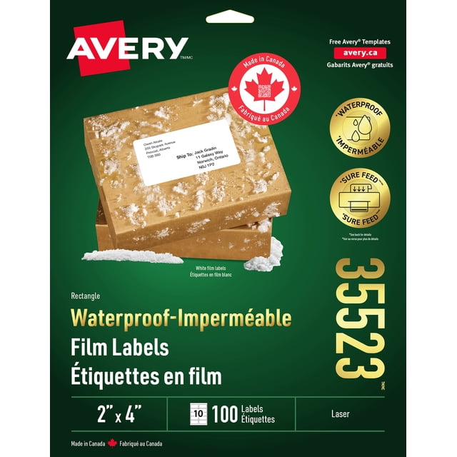Avery Waterproof Labels 2" x 4" for laser printers, white rectangular film labels shown on brown cardboard shipping boxes with snow, made in Canada, 100 labels per pack, waterproof and durable for all-weather mailing and packaging use.