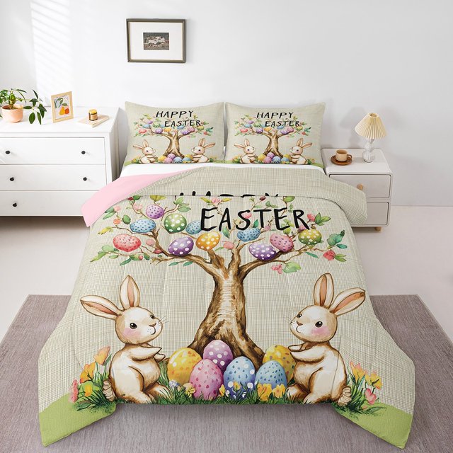 Erosebridal Happy Easter Bedding Queen Comforter Set for Boys Girls, Rabbit Colorful Eggs Down Comforter, Reversible 3 Pieces