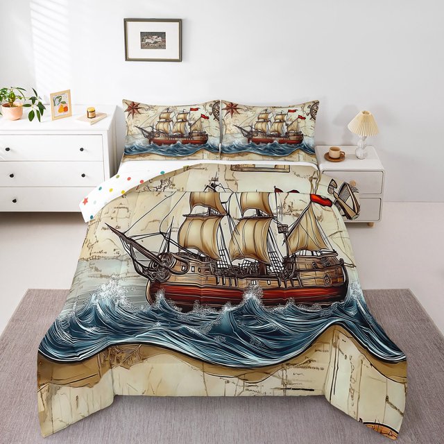 Erosebridal Ocean Waves Bedding Queen Comforter Set, Retro Sailing Boat Down Comforter, Sea Steam Decor, 3-piece