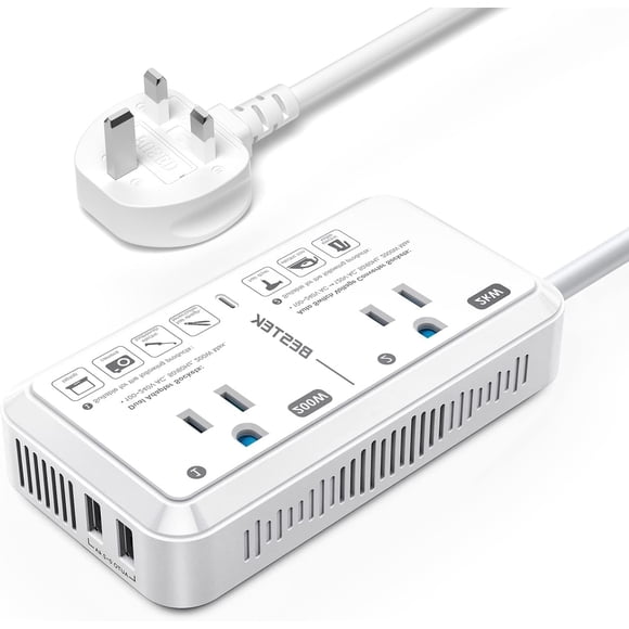 BESTEK US to UK Plug Adapter Voltage Converter 2000W 220V to 110V Converter with 2 USB Ports and Type G Adapter for Hair Dryer/Curling Iron/Phone for UK Ireland Scotland Hong Kong