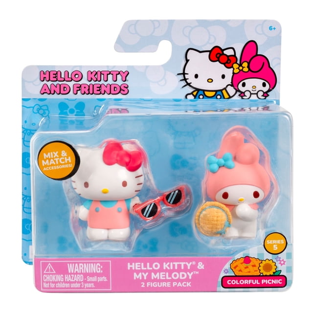 Hello Kitty® and Friends 2 Figure Pack - Perfect Pairing Picnic : Hello Kitty® & My MelodyTM Comprend Deux Figurines de collection de 2 Pouces avec Accessoires à Mélanger et à Assortir. Hello Kitty® Porte une Robe Rose et un Nœud Rouge avec des Lunettes de Soleil Rouges Amovibles. My MelodyTM Porte une Capuche Rose avec un Nœud Bleu et Tient un Panier de Pique-Nique. Emballé sur une Carte Bleue avec une Oeuvre de Personnage, Fait Partie de la collection de Peluches de la Série 5, Convient pour l'Exposition Ou le Jeu.