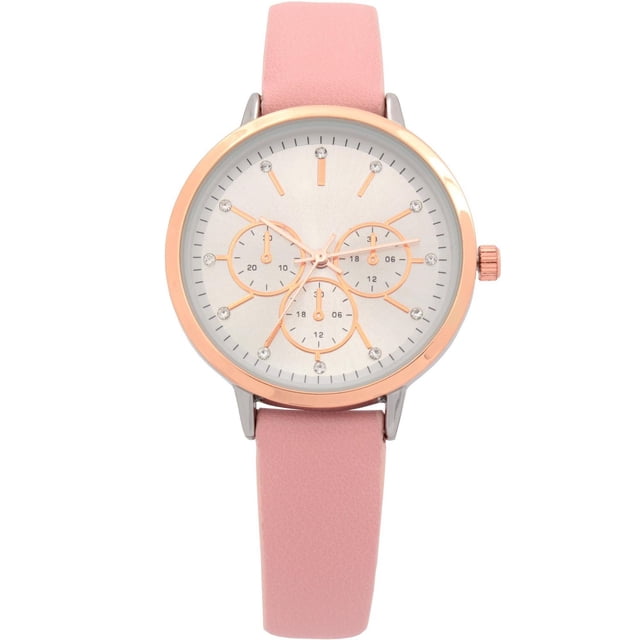 Montre pour Femme à Bracelet rose avec Boîtier Argent de 30 mm et Lunette Or rose, Cadran en Nacre avec Aiguilles Or rose et Repères Horaires en Cristal, Bracelet en PU rose et Mouvement à quartz, Idéale pour le style Contemporain et le Quotidien.