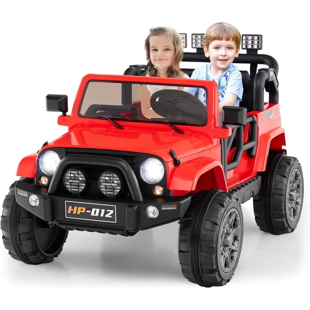 OLAKIDS 2 Seater Ride on Truck, 12V Battery Powered Electric Vehicle for Kids with Remote Control, Power Display, LED Lights, Story, Suspension System, MP3, Ride on Toy for 3+ Boys Girls