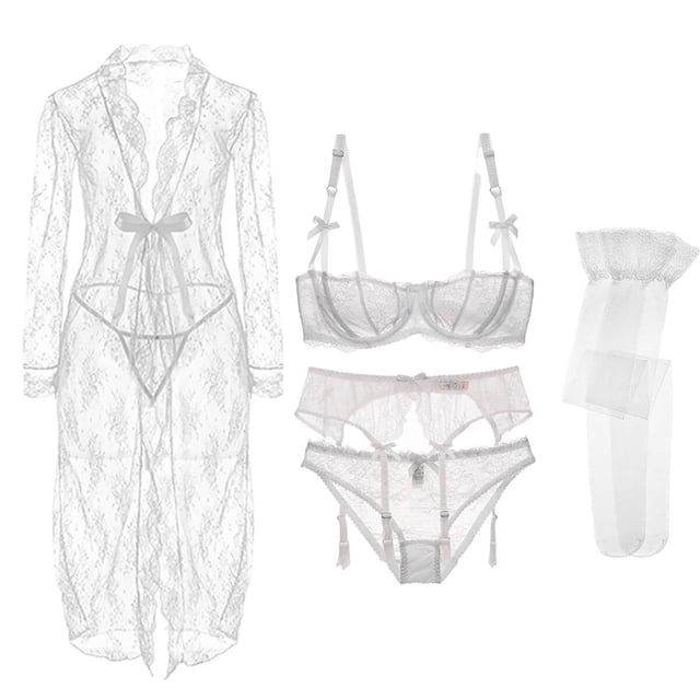 Women's Lace Embroidery Bra Underwire Balconette Bra Set and Robe 6 piece