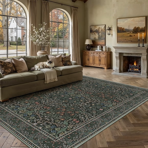 BERTHMEER Tapis de 8'x10 Pieds pour Salon Chambre Salle à Manger Bureau Ferme Cuisine Floral Vintage Oriental Traditionnel Lavable à la Machine Grands Tapis d'Intérieur Carpettes, Vert Foncé