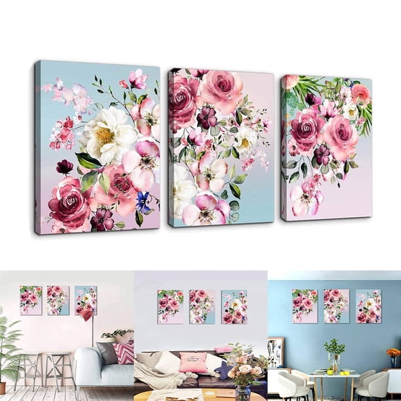 Lefu Flower Canvas Wall Art for Bedroom Woman Wall Decor Pink White Flowers Picture 3pcs Framed Artwork Modern Plant Floral Canvas Prints for Kitchen Home Bathroom Girls Room Wall Decoration 12x16"