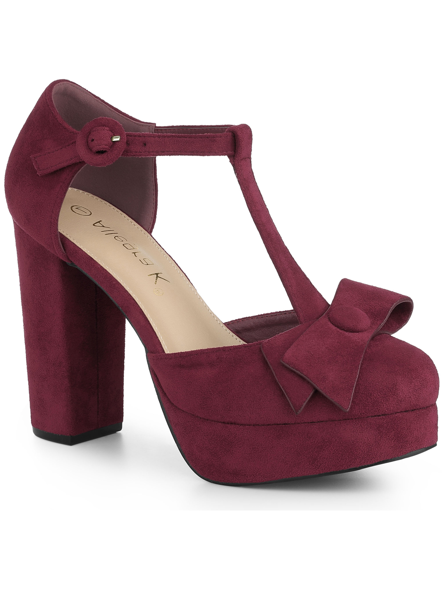 BLISSFUL STEP Women Round Toe Block Heel T Strap Pumps Burgundy 11