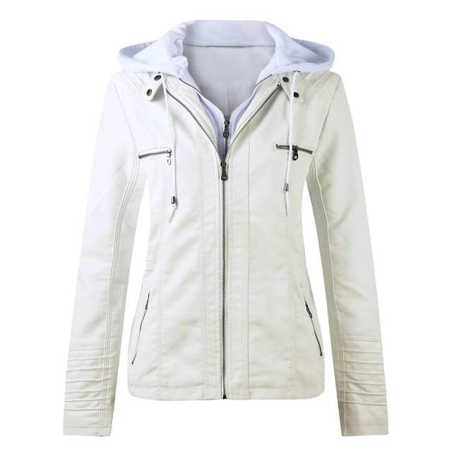IMENGL Veste Zippée à Col Montant Ajustée en Cuir PU style Moto, Blanc 2TG, Taille M-4TG