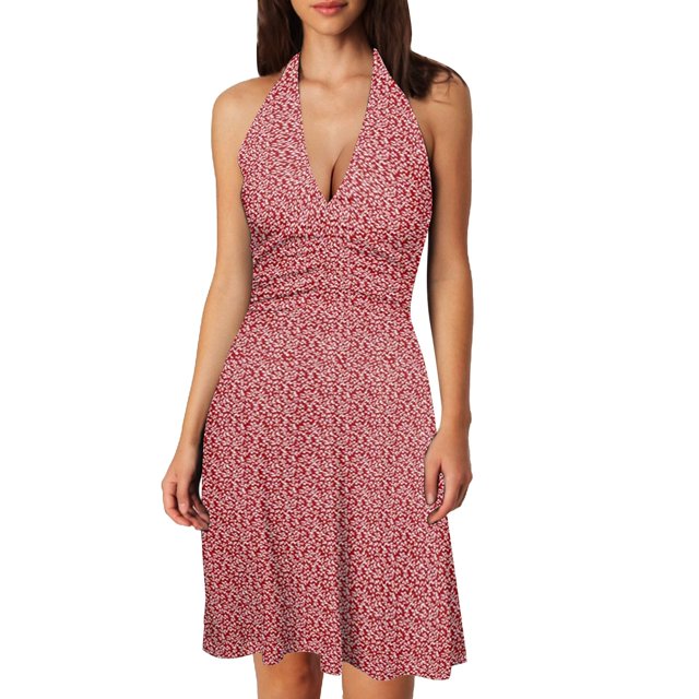 Women Summer Sleeveless Neck Women Long Dress Spring Boho Floral with Lady Summer Dress Pocket Elastic Waist Ruffle Sundresses for Women Casual Summer Midi Length Mini Dresses