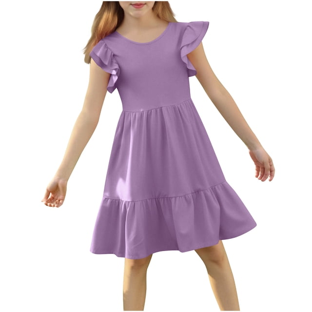 DecSea Girls Summer Double Layer Ruffle Dresses Casual Solid Crewneck Beach Sundress