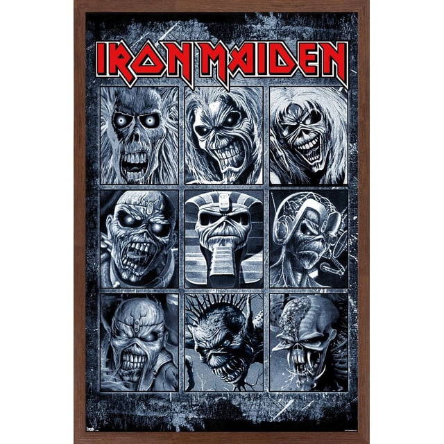 Iron Maiden - Affiche Murale à Carreaux, 22,375 Po x 34 Po Présentant Neuf illustrations Encadrées en Noir et Blanc de la Mascotte d'Iron Maiden Eddie sous Diverses Formes Stylisées, Incluant des Motifs Squelettiques, Pharaon et Futuristes, avec le logo Rouge de Iron Maiden en Haut sur un Fond Foncé Texturé, Encadré dans un Cadre en Bois, Idéal pour des Oeuvres Murales à Thème Musical et la Déco de Chambre.