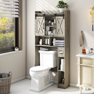 Over The Toilet Storage Cabinet , Farmhouse Storage Cabinet Over Toilet with Sliding Door& Toilet Paper Holder Stand,Home Space-Saving Toilet Rack, for Bathroom, Washroom, Laundry