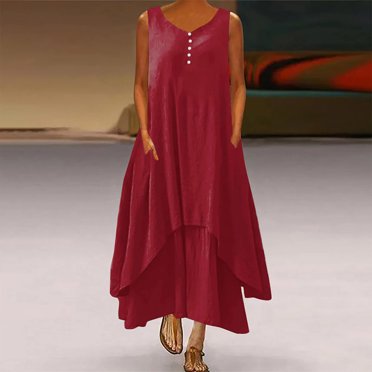 EGNMCR Holiday Dresses for Women Fashion Women Summer Casual Solid Round-Neck Sleeveless Vest Long Dress
