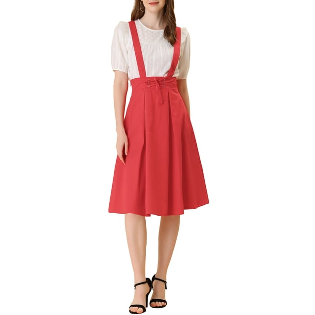 Unique Bargains Jupe Midi Plissée à Bretelles Rétro à Taille Élastique pour Femme Rouge P