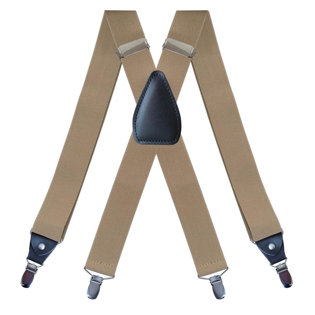 Men's Suspenders Elastic Straps Solid Heavy Duty 4 Clips Adjustable Beige