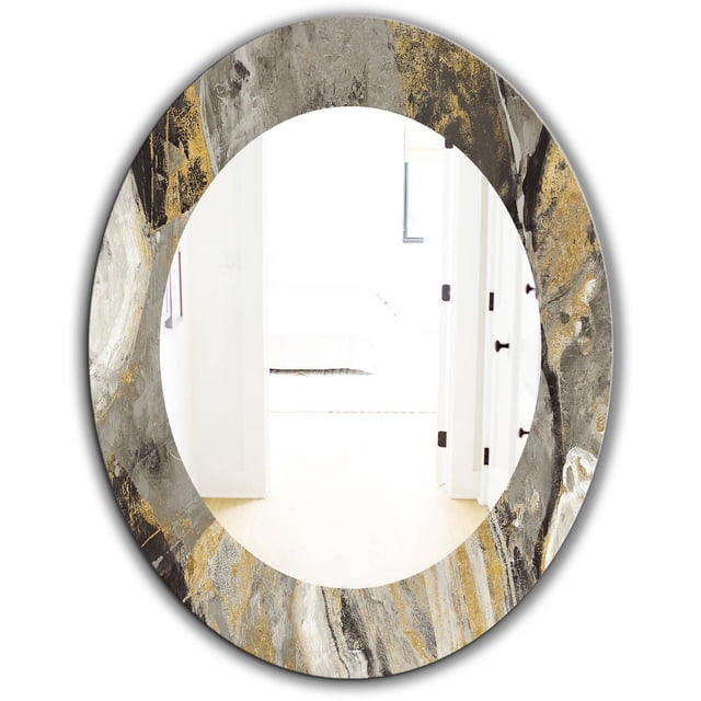 Designart 'Painted Gold Stone' Traditional Mirror - Oval or Round Wall Mirror - 24x36 with an oval frame showcasing a raised, scratch-resistant printed stone design in gray and gold tones, 1/4 inch thick crystal clear glass, and included wall hangers, suitable for enhancing light and space in home décor.