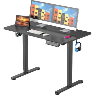 Ergonomic Adjustable Home Office Standing Desk, 43.3 x 24 inch Electric Motor Sit Stand Desk with One-piece Tabletop, Side Hooks and Cable Management